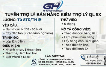 Tuyển trợ lý bán hàng kiêm trợ lý quản lý sản xuất